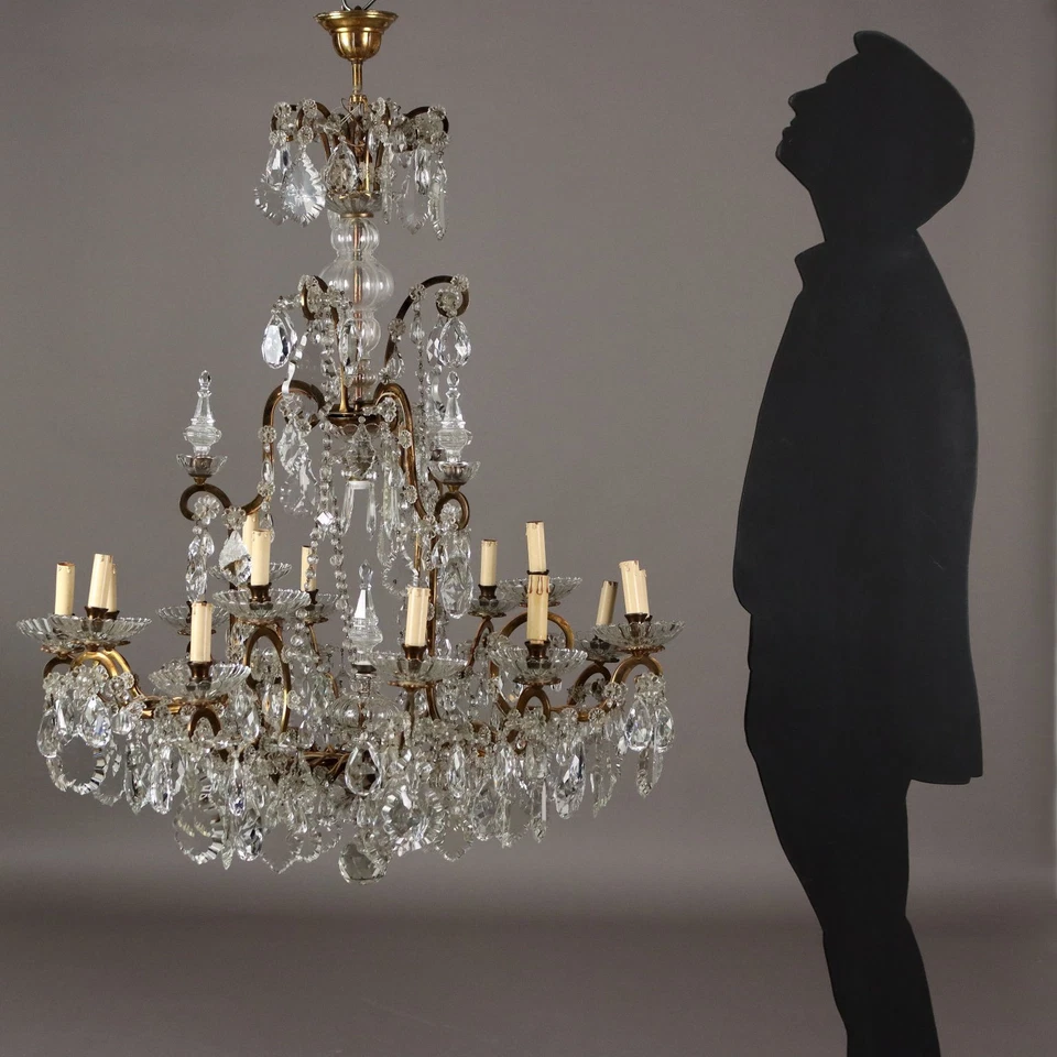 Lámpara de araña antigua de vidrio de latón Italia principios del siglo XX original  Foto 2 de 4