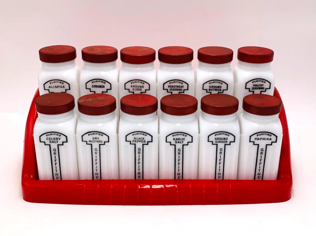 VTG Deco Kitchen Set Of 12 Griffiths Spice Jars Milk Glass in Red Plastic Rack