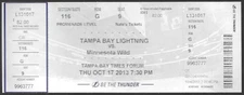 Tampa Bay Lightning vs Minnesota Wild October 17 2013 ticket stub