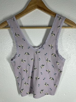 PINK Victoria's Secret Tank Top Womens Small Purple Floral Ribbed Lace Trim