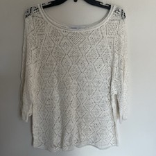 Women's Skovhuus Open Knit White Boat Neck 3/4 Sleeve Sweater Size Large