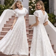 Boho A Line Wedding Dresses O-Neck Flutter Sleeves Ruffled Applique Bridal Gown
