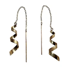 PR VTG SOLID 10K YELLOW BRUSHED GOLD 7/8" SPIRAL TWIST DROP THREADER EARRINGS