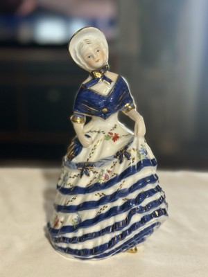 KPM Vintage Porcelain Lady Cobalt Blue & Gold 8  Tall Figurine Statue Germany