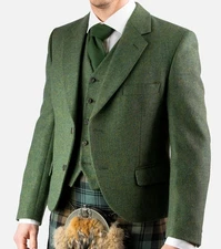 scottish Lovat Green Crail Argyle kilt jacket and waistcoat in 100% wool