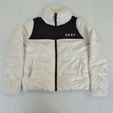 DKNY Puffer Jacket Smal White Black Womens Polyester Padded Full Zip Long Sleeve