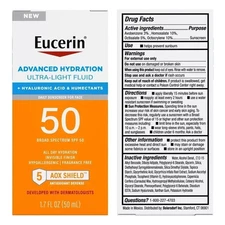 Eucerin Advanced Hydration Ultra-Lightweight Sunscreen 1.7 oz SPF 50 Exp 08/26