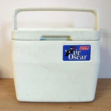 Vintage Lil' Oscar by Coleman Rare White On White Cooler W/ Drink Holder Lid