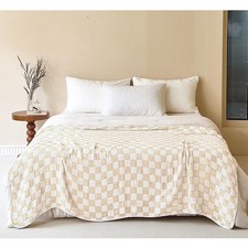 100 Cotton Muslin Blanket Cream Checkerboard 6-Layer Gauze King Be... Fast Ship