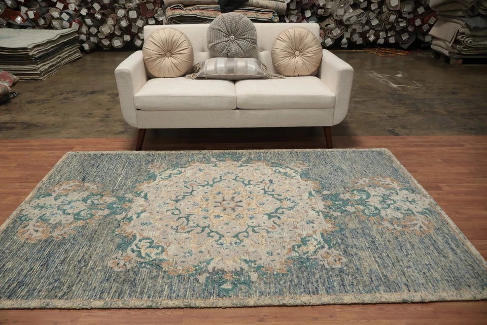 东方奖章设计小地毯 5x8 手工簇绒羊毛现代适用于任何房间 — 第 3/4 张图片