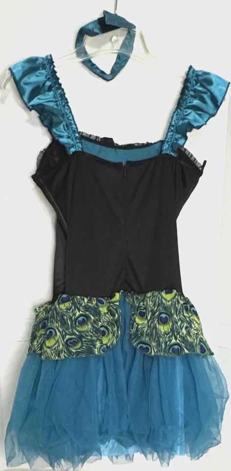 Disfraz de Pavo Real Vestido Corto Talla S Verde Azulado Alas de Pájaro Tutú Halloween Juegos con disfraces Colorido Foto 3 de 4