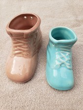 2 Vintage Baby Shoe Bootie Planter Vases Turquoise Blue Rose Pink CUTE 1950s