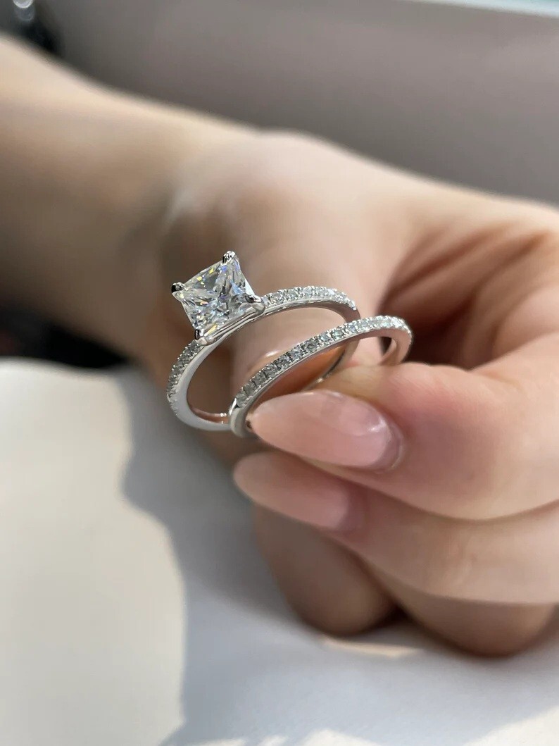 Princess Cut Moissanite Sterling Silver Bridal Wedding Ring Set