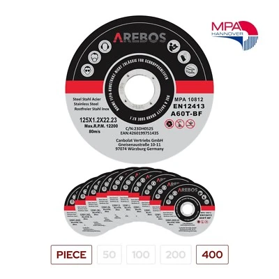 AREBOS Discos Corte 125mm 1.2mm Metal Acero Inox EN12413 Alta Velocidad Pack 400