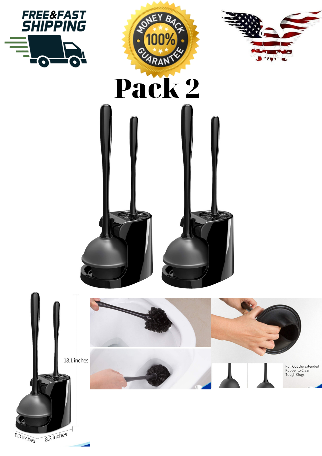 Pack Excellent 2 Black Toilet Plunger Bowl Bathroom Cleani Brush For sold out Combo