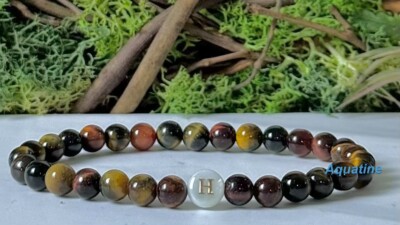 Mix Tiger Eye 6mm Natural Crystal Bead Initial Stretch Bracelet CUSTOM SIZING