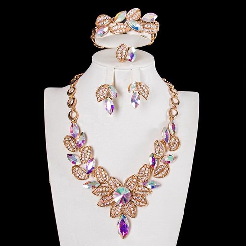Women Crystal Statement Necklace Earrings Bracelet Ring Bridal Wedding Jewelry