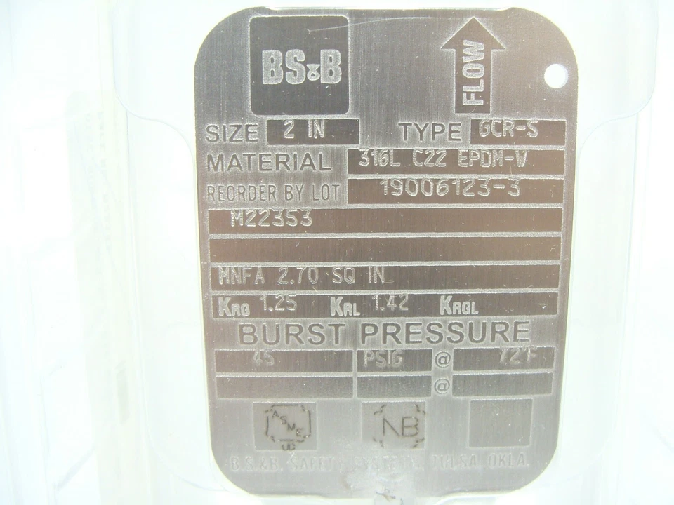 New BS&B Type GCR-S 316L / C22 / EPDM-V 45PSIG @ 72*C Rupture Disc 2" M22353 - Image 2 of 2