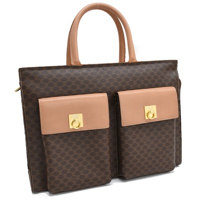 Auth CELINE Macadam Double Gancini Flap Tote Hand Bag Brown PVC  