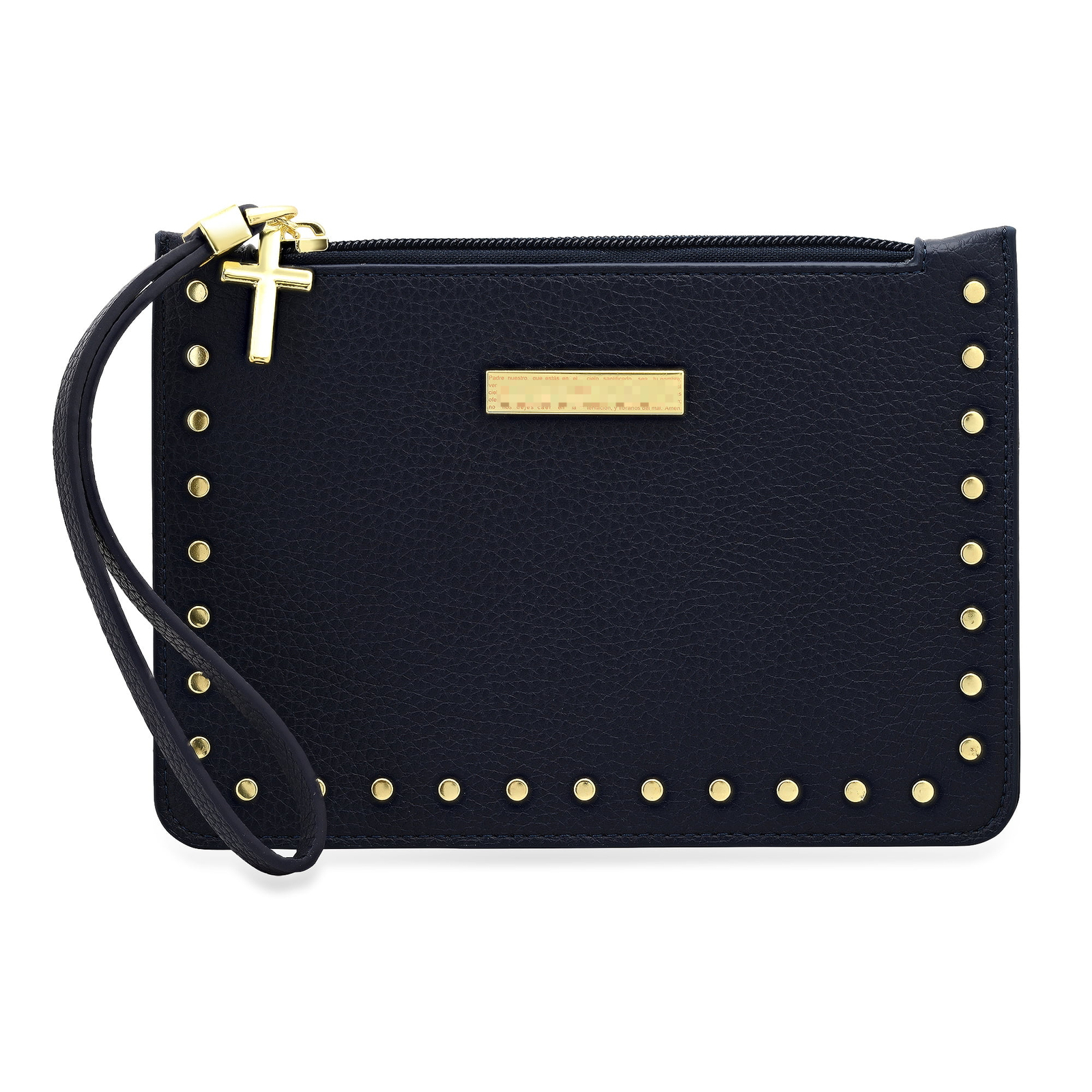 Gold-Tone Studded Navy Spanish Lord's Prayer PU Leather Wristlet for Women