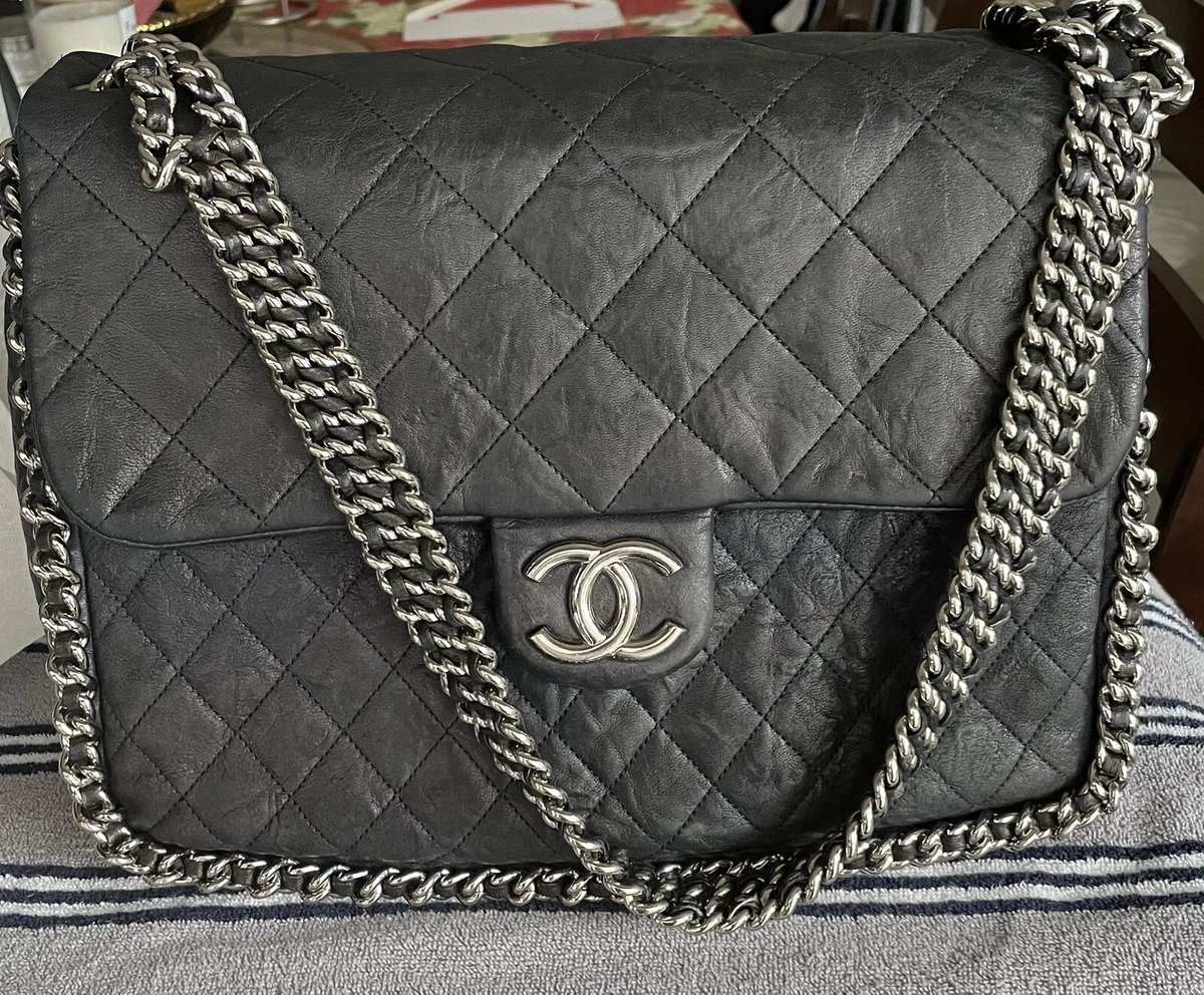 Chanel Quilted Black Caviar Leather Maxi Classic Silver Chain Flap