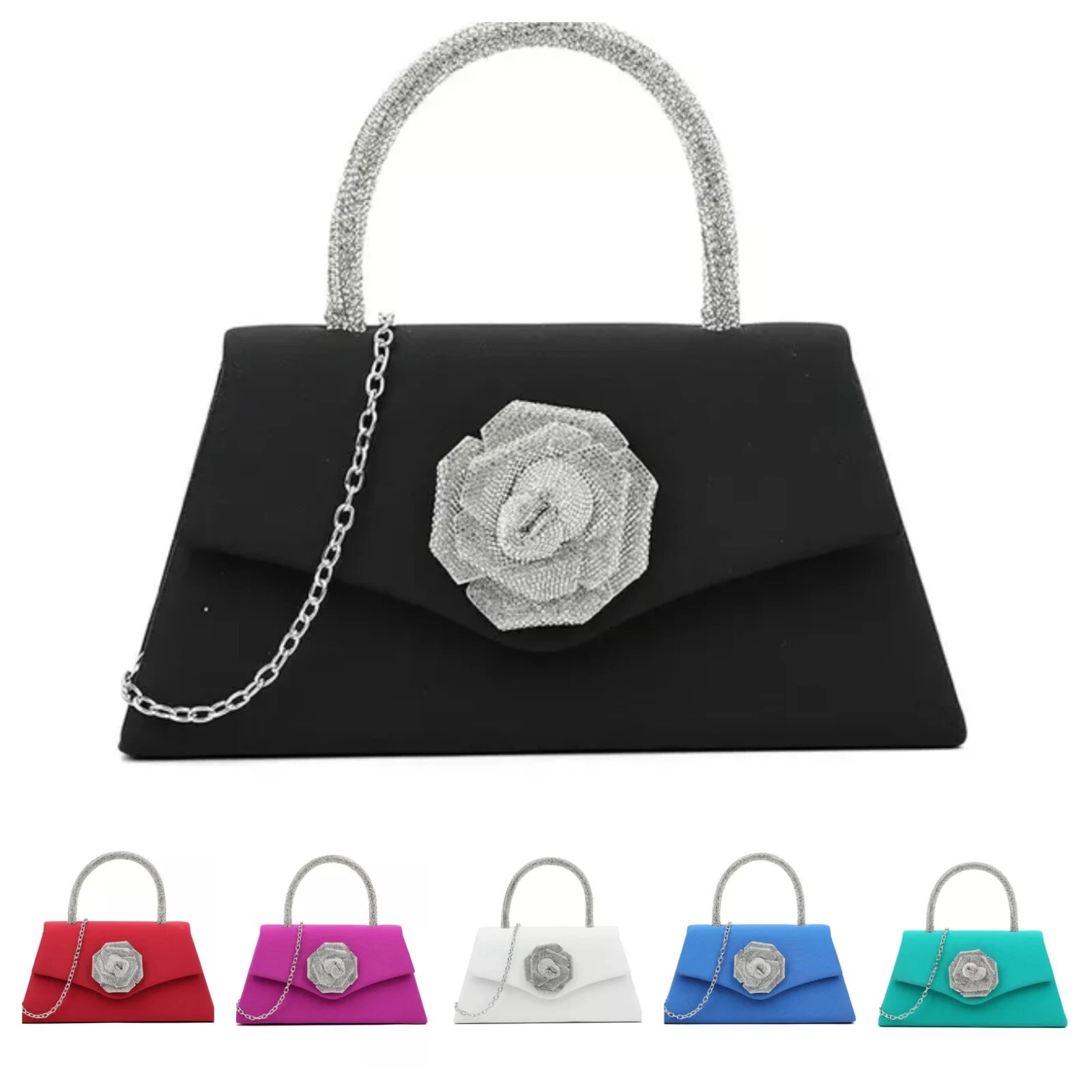 Women's Satin Top Handle Clutch Bag Chain Evening Party Prom Box Wedding Handbag