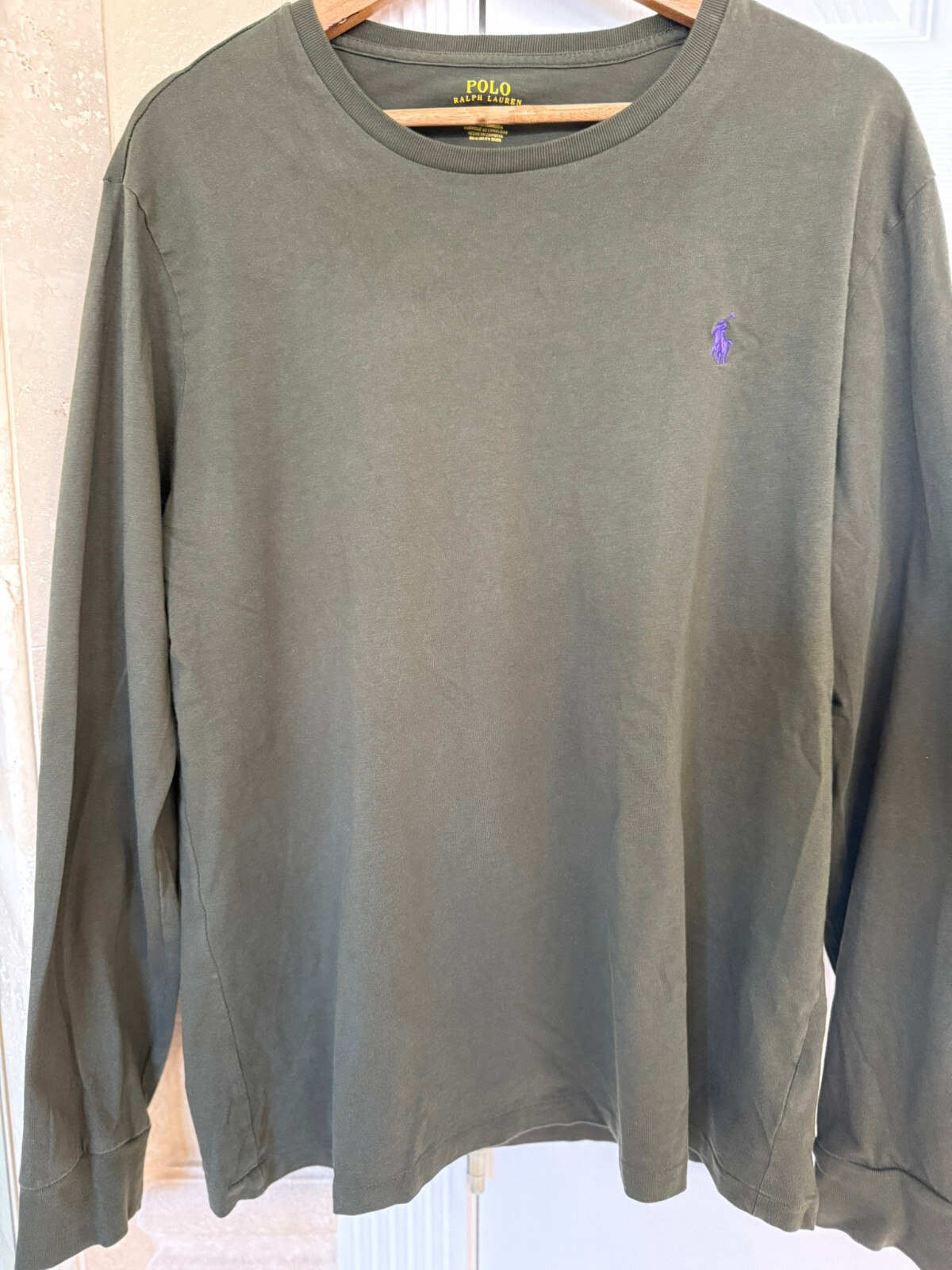 PONY Polo Ralph Lauren uomo L cotone manica lunga girocollo t shirt oliva con frangia blu