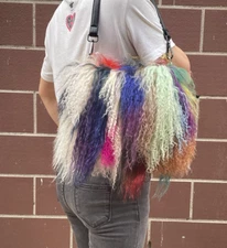 Women's Long Curl Lamb Fur Mongolian Genuine Sheep Fur Bag Handbag New