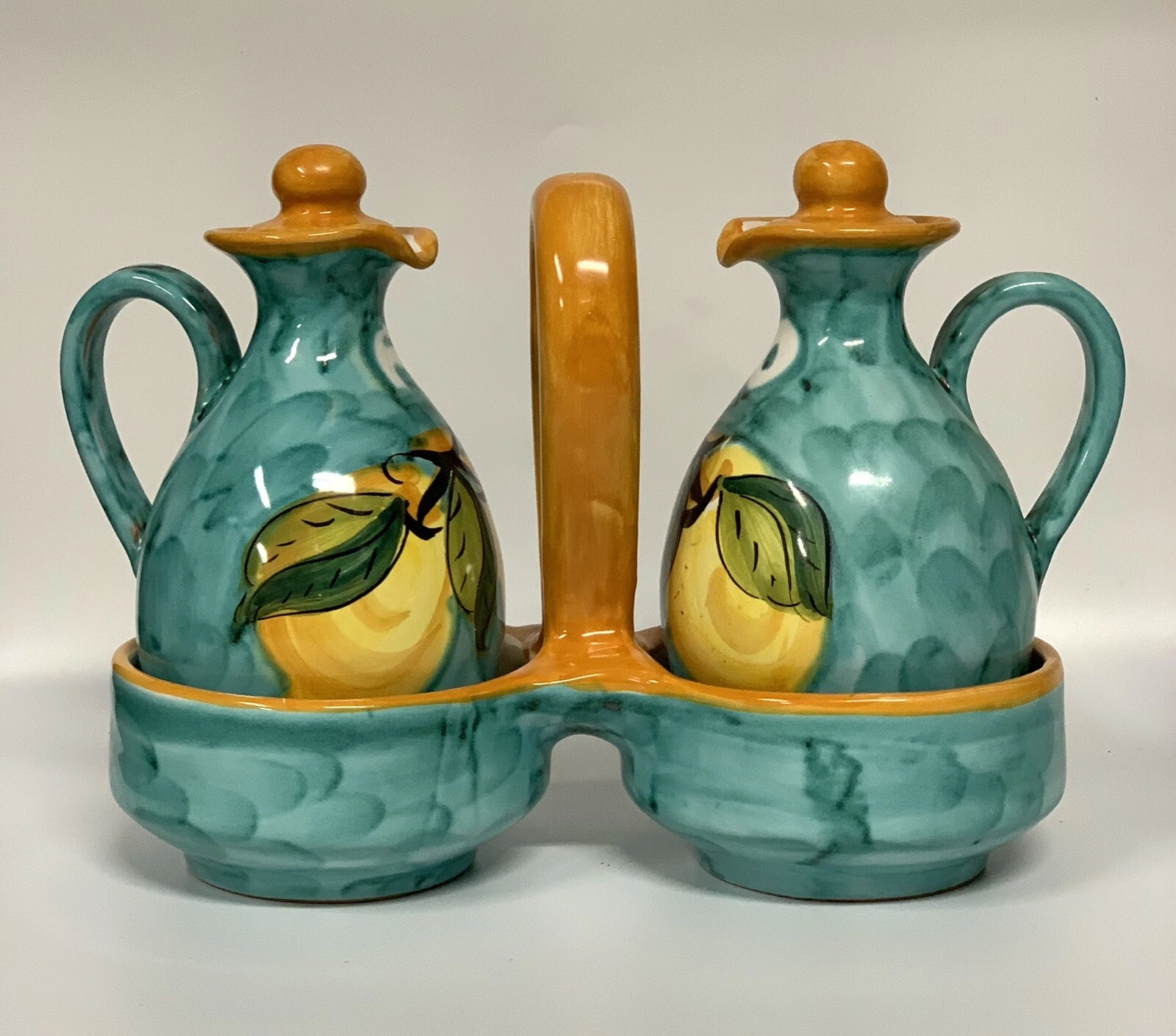 Ravello Italian Art Pottery Oil And Vinegar Pitchers With Caddy 6” Hand Painted