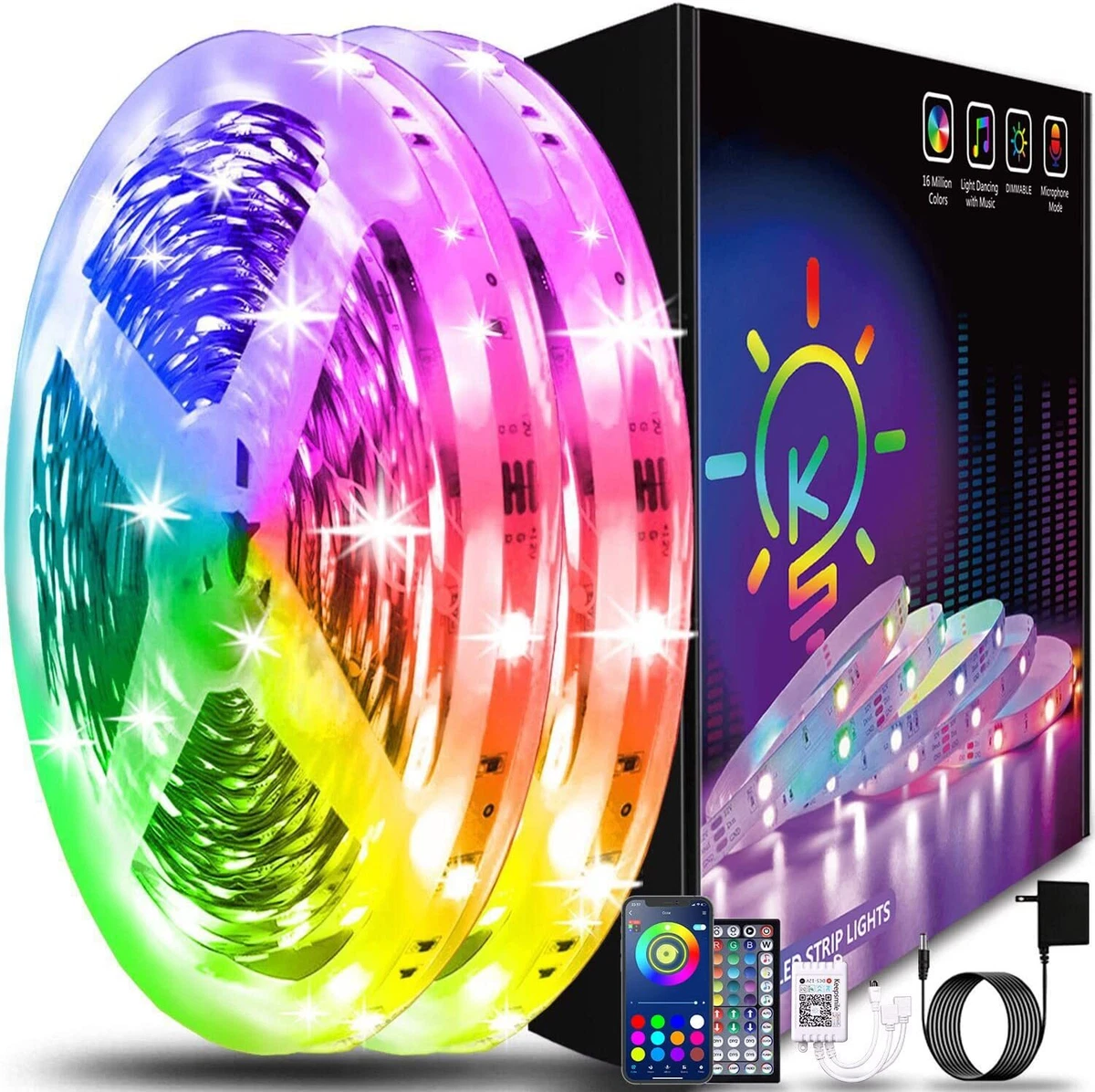 Keepsmile Led Strip Lights Bluetooth Smart App Music Sync RGB Color Changing Led
