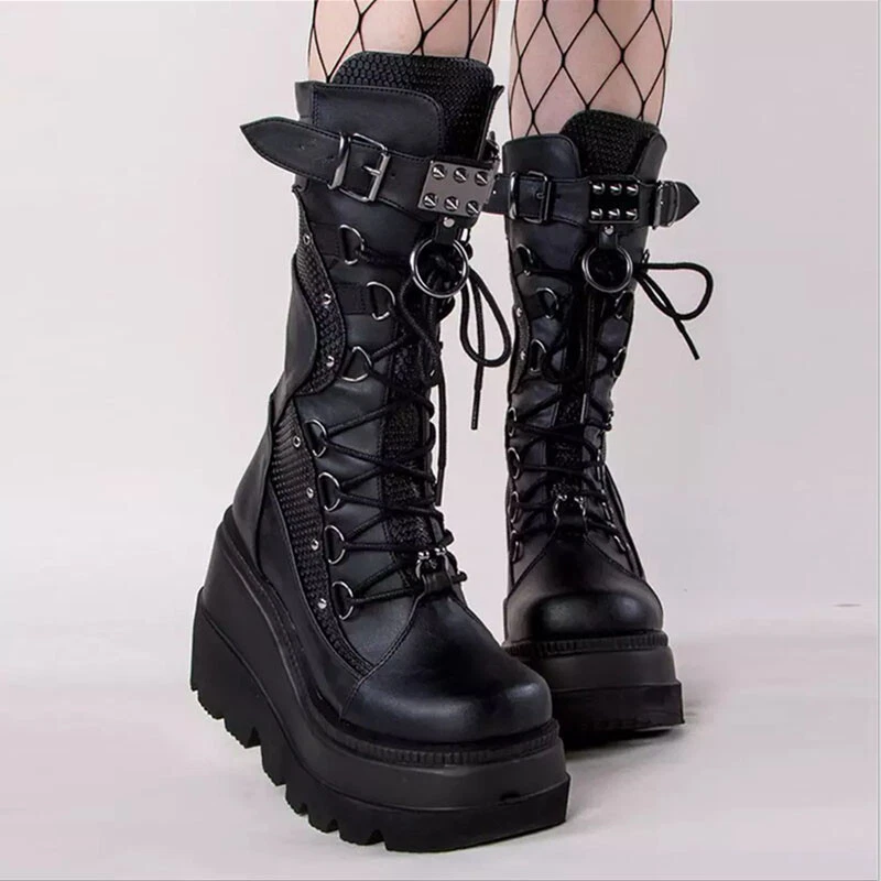 New Gothic Womens Punk Rock Boots PU Leather Wedge High Heels Shoes Biker Boots