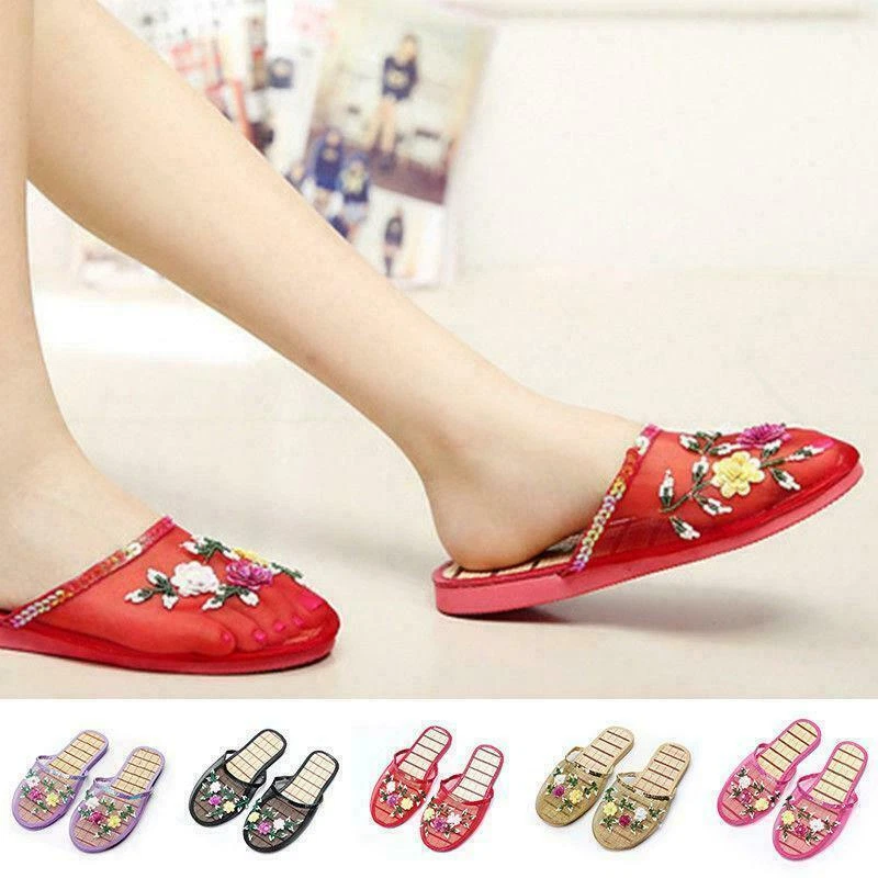 Dama Chino Malla Floral Zapatillas Deslizables Planas Chanclas Mocasines Mules Foto 3 de 4