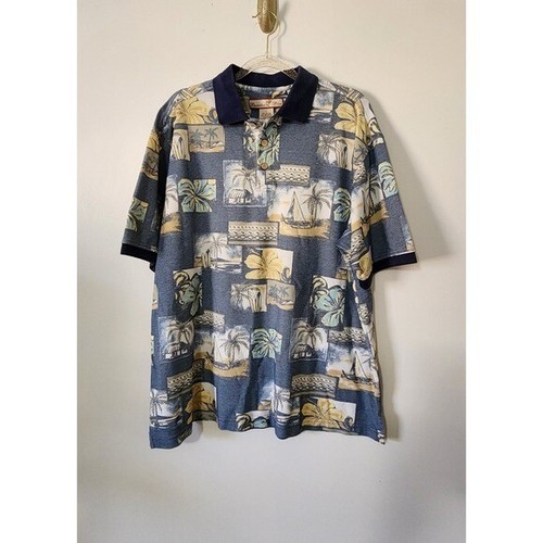 Men's Hawaiian Tropical Polo Blue Palm Trees Hibiscus Boats Cotton Blend - 第 1/8 張圖片