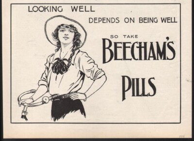 1914 BEECHAM PILL QUACK MEDICINE MEDICAL BIKE BELL WOMAN COUGH COLD ART ...