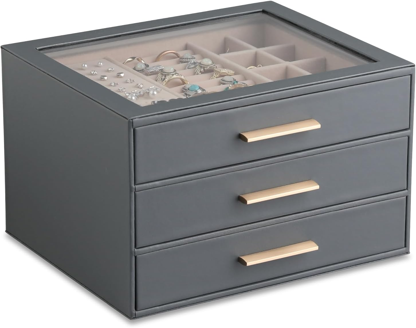 Clear 3-Layer Pu Leather Jewelry Organizer Box with Drawer and Lid