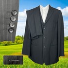 J Ferrar 2 Piece Suit Mens 44L 34x32 Black Gray Striped Polyester Three Buttons