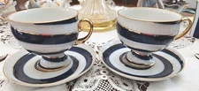 Russian- Lomonosov Vintage Imperial Porcelain Blue/Gold Teacup Saucer, 4pcs Set