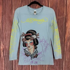 ED HARDY Christian Audigier Blue Long Sleeve Top Geisha Girl Rhinestone Medium M