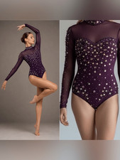 Glamour dance costume purple mesh sequin gem long sleeve leotard XSA adult