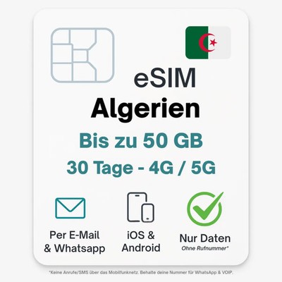 Algerien eSIM Datentarif digitale e SIM - per Mail- ohne Telefon Nummer