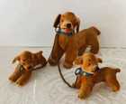 VINTAGE WEST GERMANY FLOCKED BROWN DOG WITH 2 CHAINED PUPPIES LOT