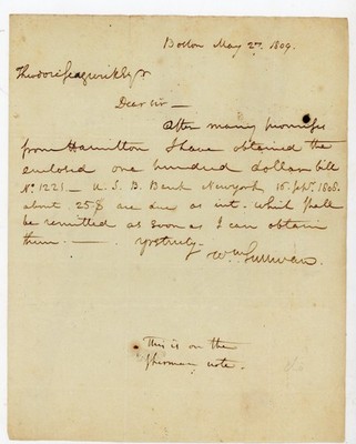 1809 Antique Letter Signed William Sullivan Boston Theodore Sedgwick Albany NY