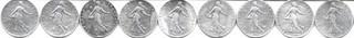 Lot de 9 pièces d'argent de 50 centimes Semeuse entre 1910 et 1919 incluses