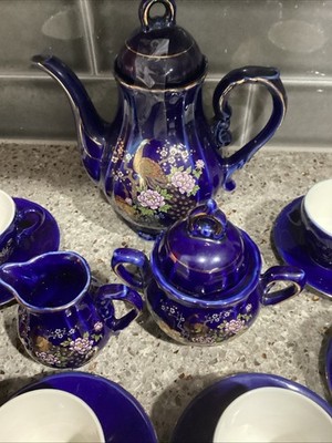 VTG Cobalt Blue Japanese Porcelain Tea Set Gold Floral Peacock