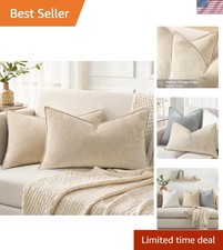 Soft Velvet Chenille Pillow Covers Set of 2 - 20x12 Elegant Beige Decor