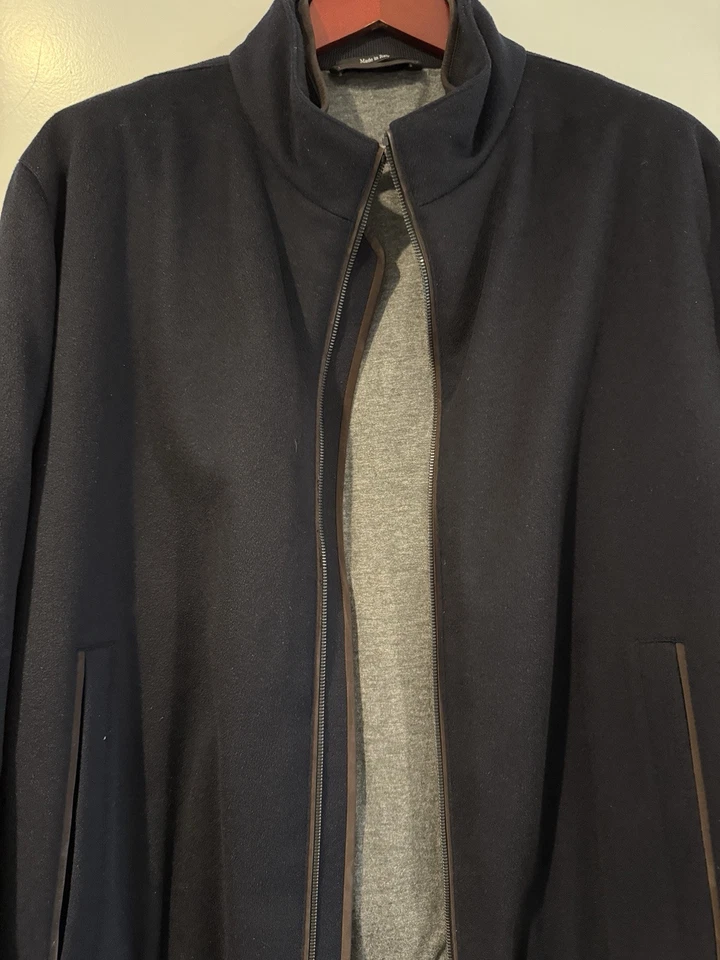 Zegna 羊绒加厚轰炸机夹克皮革装饰海军蓝男式 XL — 第 4/4 张图片