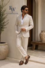 Men's Cream Linen Suit 2 Piece Set   Stylish Wedding  Formal Wear