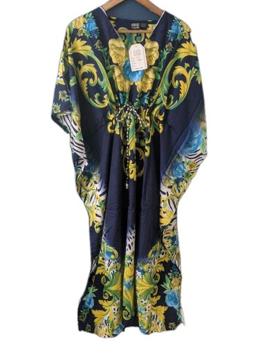 Anandas Blue Maxi Kaftan Dress Floral Boho Hippie Drawstring Under Bustline
