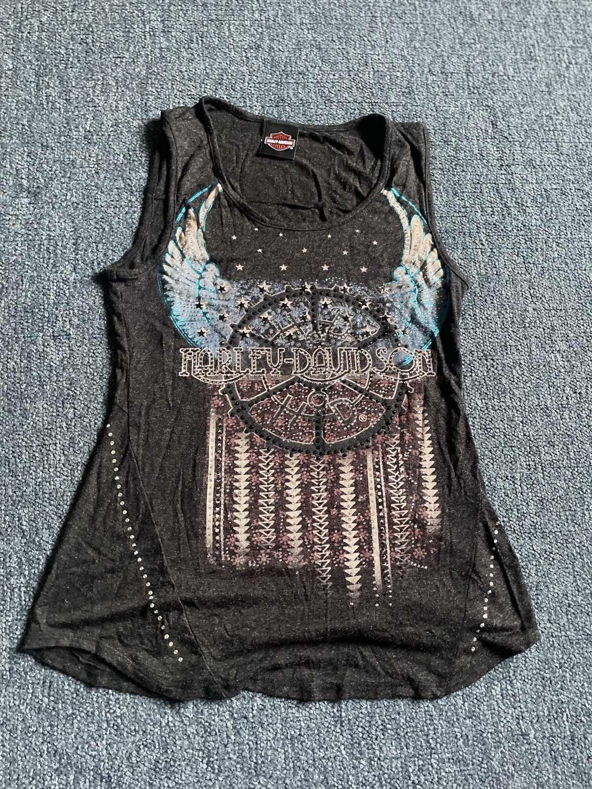 Harley Davidson Motorcycles Tank Top With Wings Embellished Small Charcoal Gray