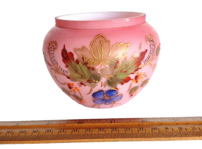 Painted Raised Enamel Pink Glass Victorian Dresser Powder Jar Urn 3.5'' NO Lid